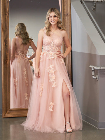 A Line One Shoulder Black Long Prom Dress with Appliques