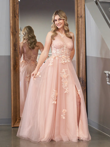 A Line One Shoulder Black Long Prom Dress with Appliques