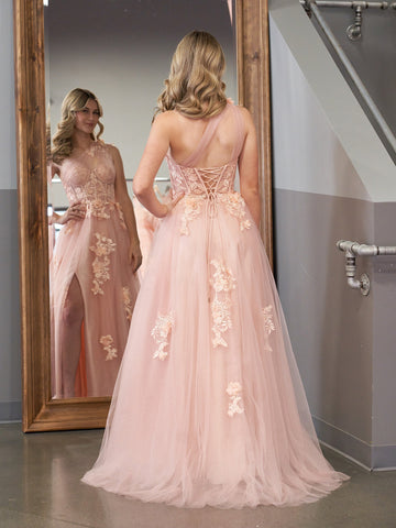 A Line One Shoulder Black Long Prom Dress with Appliques