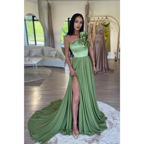 A Line One Shoulder Flowers Long Prom Formal Dress with Slit