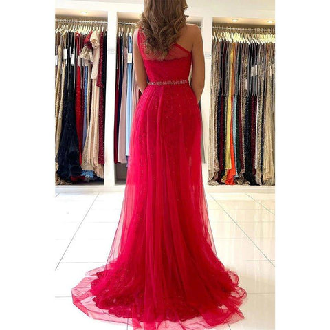 A Line One Shoulder Lace Appliques Red Long Prom Formal Gowns with Slit