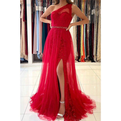 A Line One Shoulder Lace Appliques Red Long Prom Formal Gowns with Slit