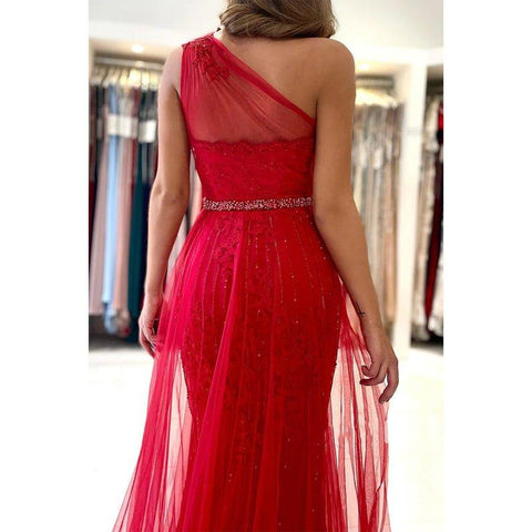 A Line One Shoulder Lace Appliques Red Long Prom Formal Gowns with Slit