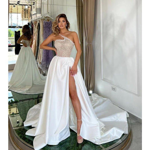 A Line One Shoulder Sexy High Split Long Formal Evening Gowns