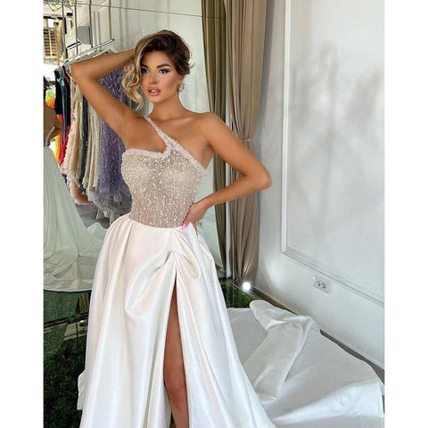 A Line One Shoulder Sexy High Split Long Formal Evening Gowns