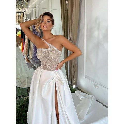 A Line One Shoulder Sexy High Split Long Formal Evening Gowns