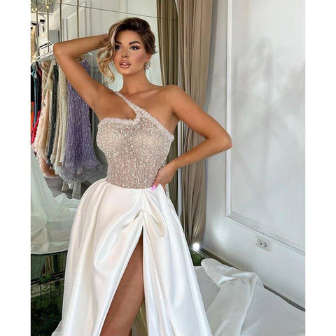 A Line One Shoulder Sexy High Split Long Formal Evening Gowns