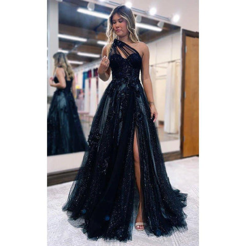 Robe de bal trapèze asymétrique à paillettes et appliques