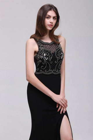 Vestidos de fiesta negros de corte A con tirantes de perlas y cola corta