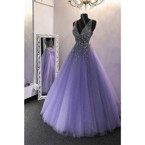 Vestido largo de fiesta de corte A, tul morado con cuentas, vestidos de noche formales