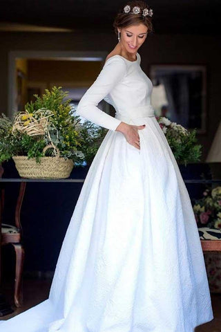 A-Line Round Neck Backless Satin Wedding Dress with Sleeves WD266