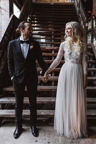 A-Line Round Neck Long Wedding Dress with Lace Long Sleeves  WD341