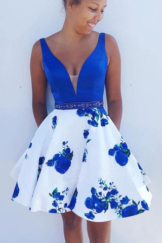 Vestido corto de fiesta de bienvenida azul marino y blanco con estampado floral, corte en A, PD245