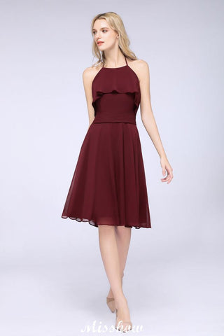 A-Line Ruffles Chiffon Halter Knee-Length Party Dress Simple Bridesmaid Dress