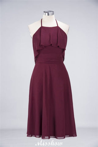 A-Line Ruffles Chiffon Halter Knee-Length Party Dress Simple Bridesmaid Dress