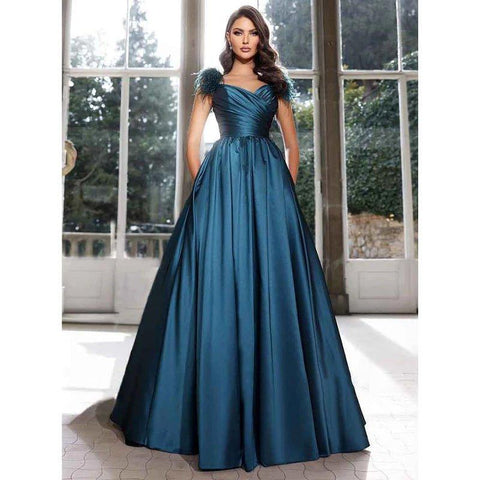 A Line Satin Pleats Feathers Elegant Long Prom Formal Dress with Pockets