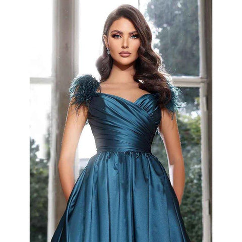 A Line Satin Pleats Feathers Elegant Long Prom Formal Dress with Pockets