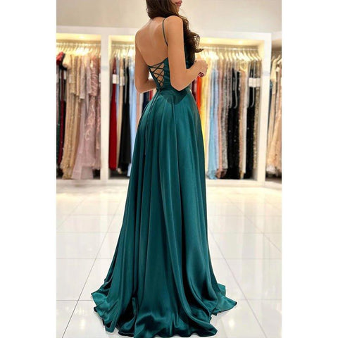 A Line Scoop High Split Simple Long Prom Dress with Pockets
