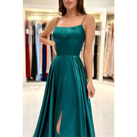 A Line Scoop High Split Simple Long Prom Dress with Pockets
