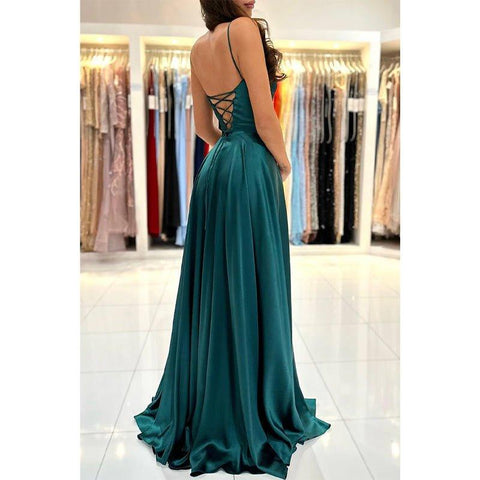 A Line Scoop High Split Simple Long Prom Dress with Pockets