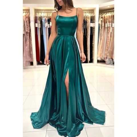 A Line Scoop High Split Simple Long Prom Dress with Pockets