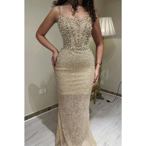 Vestido largo de noche formal de lujo con escote redondo y falda desmontable, corte en A y cuentas. 