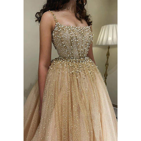 Vestido largo de noche formal de lujo con escote redondo y falda desmontable, corte en A y cuentas. 