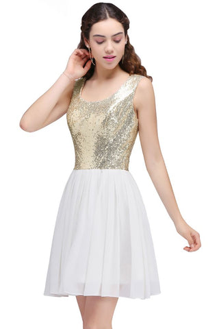 Robe de bal courte blanche mignonne à sequins, coupe trapèze et décolletée