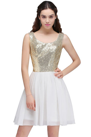Robe de bal courte blanche mignonne à sequins, coupe trapèze et décolletée