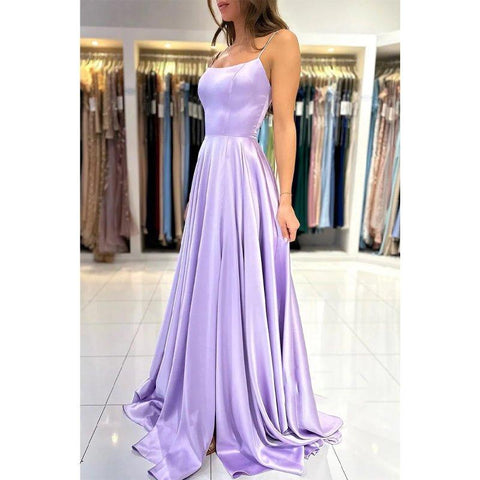 A Line Scoop Side Slit Long Prom Dresses with Pockets