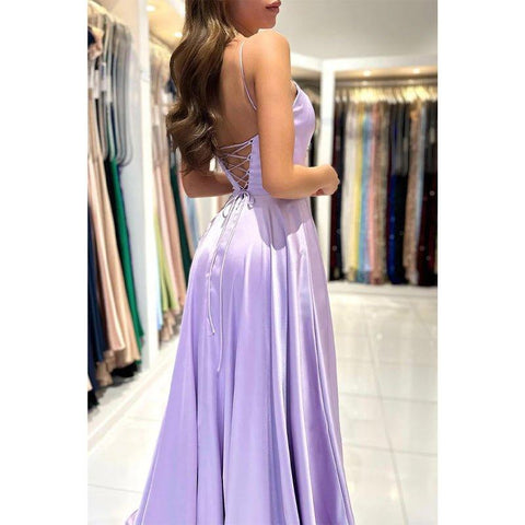 A Line Scoop Side Slit Long Prom Dresses with Pockets
