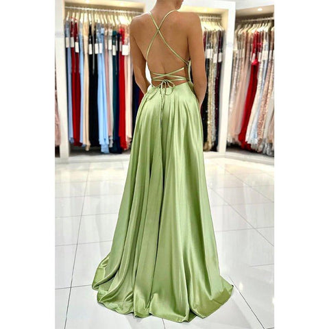 Robe de soirée longue en satin extensible à col en V et fente haute