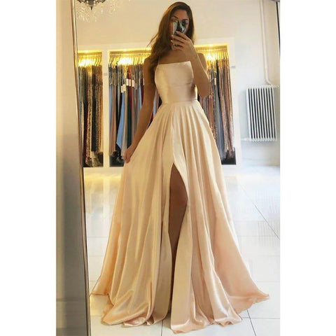 Robe de soirée longue en satin extensible à col en V et fente haute