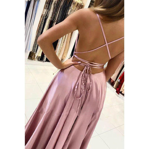 Robe de soirée longue en satin extensible à col en V et fente haute