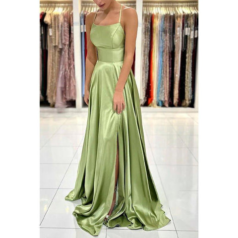 Robe de soirée longue en satin extensible à col en V et fente haute