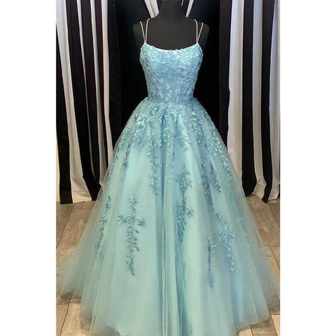 Robe de bal longue trapèze à encolure dégagée et appliques en tulle