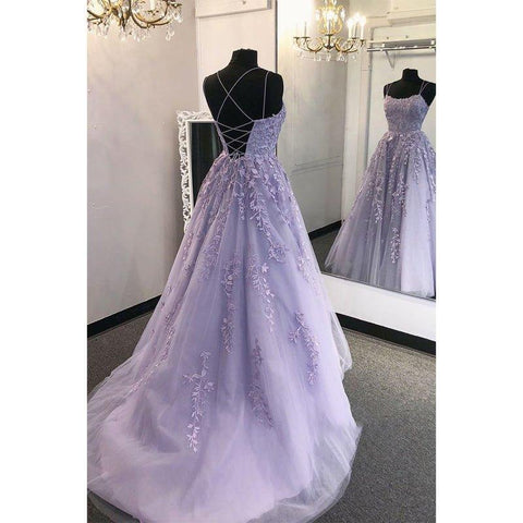 Robe de bal longue trapèze à encolure dégagée et appliques en tulle