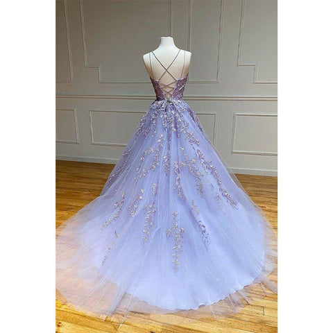 Robe de bal longue trapèze à encolure dégagée et appliques en tulle