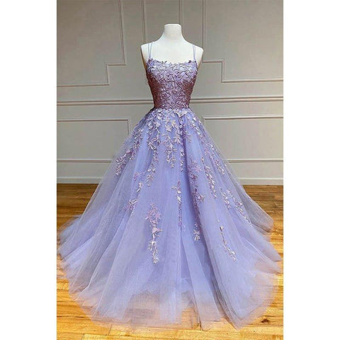 Robe de bal longue trapèze à encolure dégagée et appliques en tulle