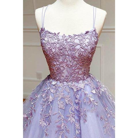 Robe de bal longue trapèze à encolure dégagée et appliques en tulle