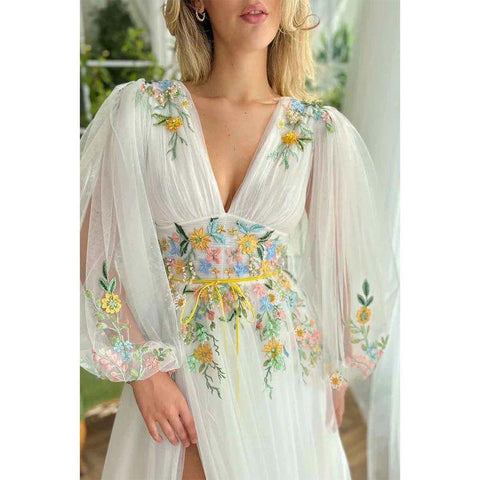 A Line Sexy Deep V Neck Appliques Long Sleeves Elegant Prom Party Dress with Slit