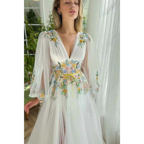 A Line Sexy Deep V Neck Appliques Long Sleeves Elegant Prom Party Dress with Slit