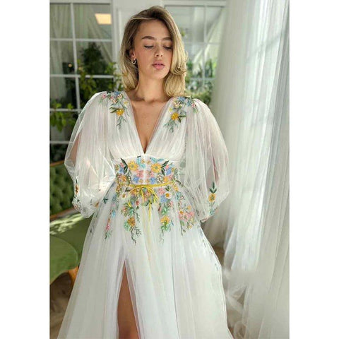 A Line Sexy Deep V Neck Appliques Long Sleeves Elegant Prom Party Dress with Slit