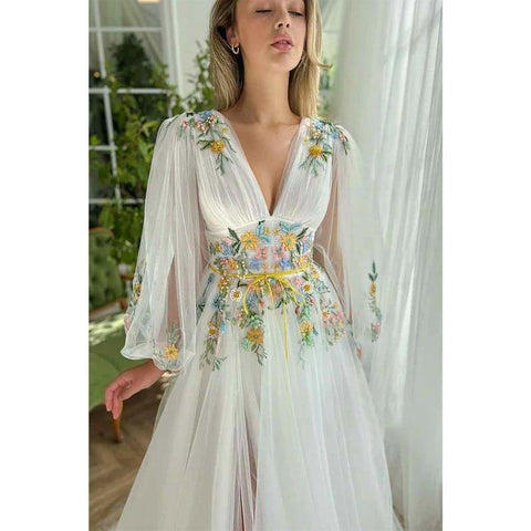 A Line Sexy Deep V Neck Appliques Long Sleeves Elegant Prom Party Dress with Slit