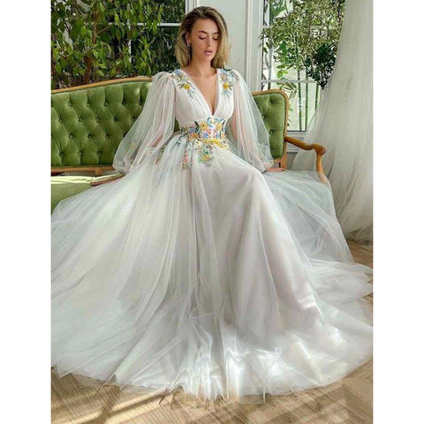 A Line Sexy Deep V Neck Appliques Long Sleeves Elegant Prom Party Dress with Slit