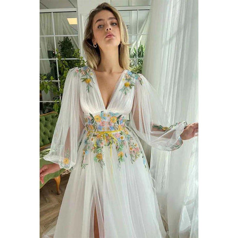 A Line Sexy Deep V Neck Appliques Long Sleeves Elegant Prom Party Dress with Slit