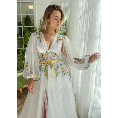 A Line Sexy Deep V Neck Appliques Long Sleeves Elegant Prom Party Dress with Slit