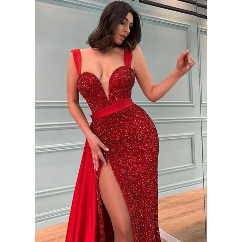 A Line Sexy Deep V Neck Side Slit Long Prom Formal Dress Glitter
