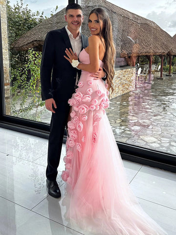 A line Sexy Sweetheart Sleeveless Pink Slit Flowers Prom Dress