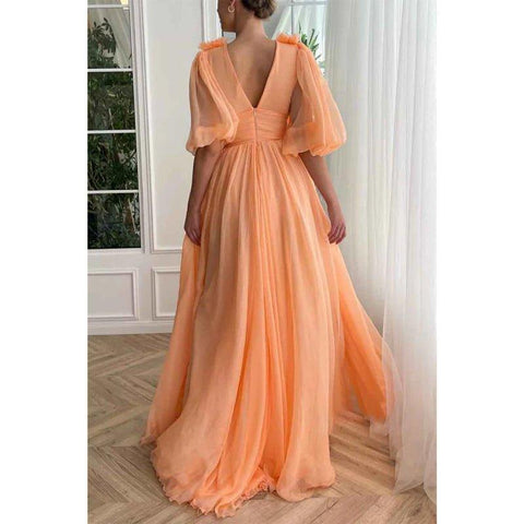 A Line Sexy V Neck Half Sleeves Elegant Long Prom Party Dress with Pockets